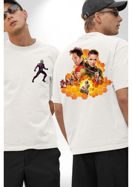 Antman ve Wasp Beyaz Oversize Kadın Erkek Ön ve Sırt Baskılı T-Shirt