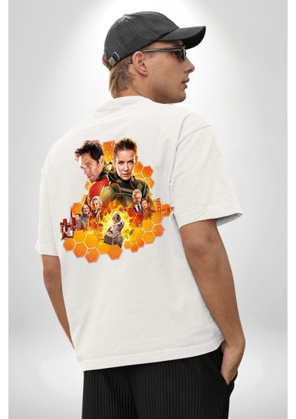 Antman ve Wasp Beyaz Oversize Kadın Erkek Ön ve Sırt Baskılı T-Shirt