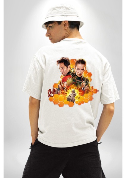 Antman ve Wasp Beyaz Oversize Kadın Erkek Ön ve Sırt Baskılı T-Shirt