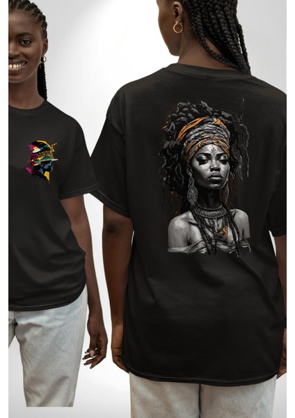 Afrikalı Kadın Sanat Siyahi Siyah Oversize Kadın Erkek Ön ve Sırt Baskılı T-Shirt