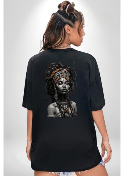 Afrikalı Kadın Sanat Siyahi Siyah Oversize Kadın Erkek Ön ve Sırt Baskılı T-Shirt indirimleri