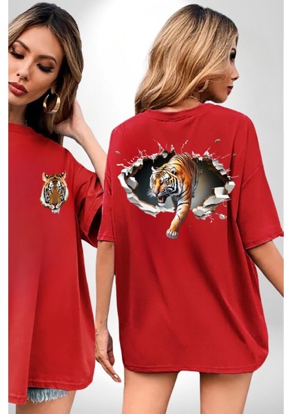 Kırık Duvar Kaplan Kırmızı Oversize Kadın Erkek Ön ve Sırt Baskılı T-Shirt