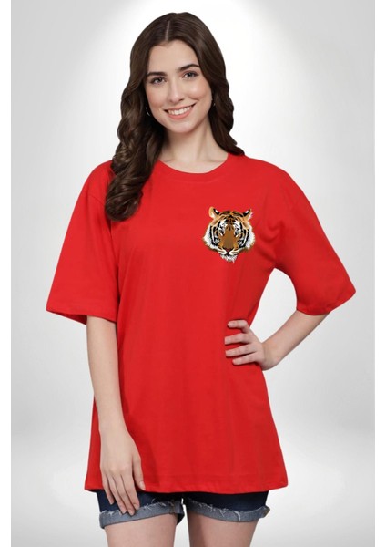 Kırık Duvar Kaplan Kırmızı Oversize Kadın Erkek Ön ve Sırt Baskılı T-Shirt