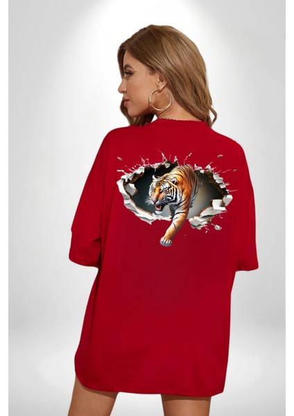 Kırık Duvar Kaplan Kırmızı Oversize Kadın Erkek Ön ve Sırt Baskılı T-Shirt