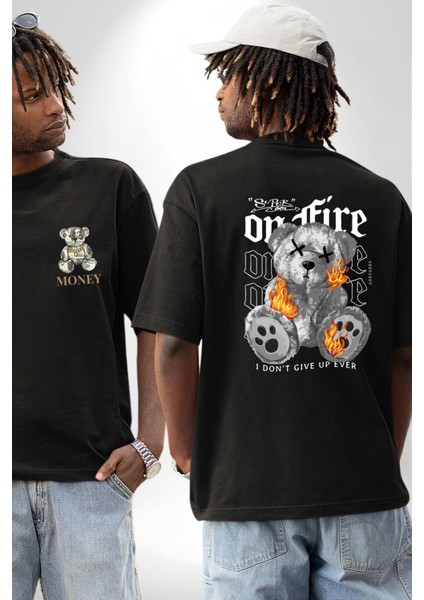 Ateşli Teddy Siyah Oversize Kadın Erkek Ön ve Sırt Baskılı T-Shirt