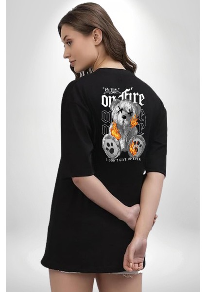 Ateşli Teddy Siyah Oversize Kadın Erkek Ön ve Sırt Baskılı T-Shirt