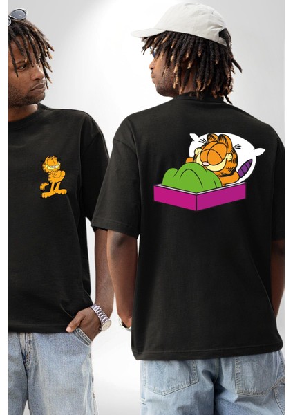 Garfield Uyku Siyah Oversize Kadın Erkek Ön ve Sırt Baskılı T-Shirt