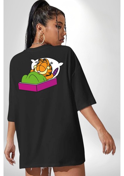 Garfield Uyku Siyah Oversize Kadın Erkek Ön ve Sırt Baskılı T-Shirt