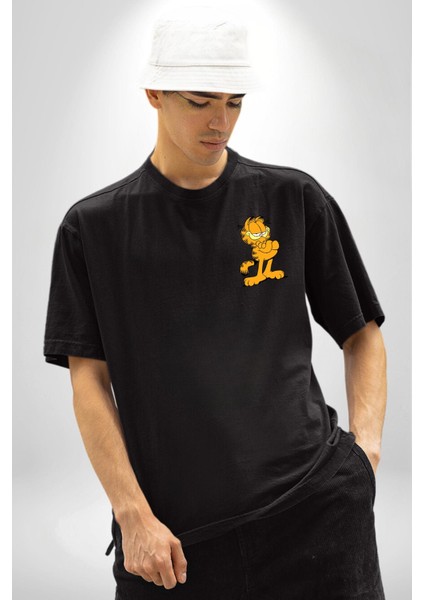 Garfield Uyku Siyah Oversize Kadın Erkek Ön ve Sırt Baskılı T-Shirt