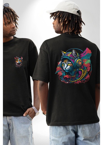 Kulaklık Kedi Müzik Tekir Siyah Oversize Kadın Erkek Ön ve Sırt Baskılı T-Shirt
