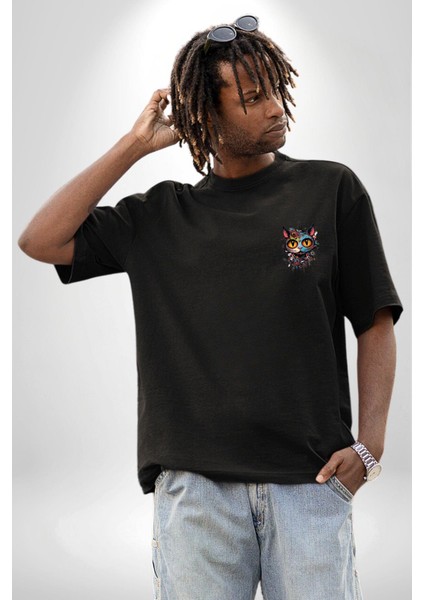 Kulaklık Kedi Müzik Tekir Siyah Oversize Kadın Erkek Ön ve Sırt Baskılı T-Shirt fiyatları