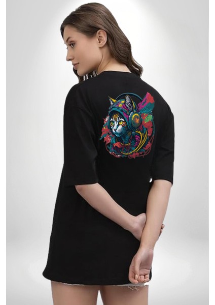 Kulaklık Kedi Müzik Tekir Siyah Oversize Kadın Erkek Ön ve Sırt Baskılı T-Shirt modelleri