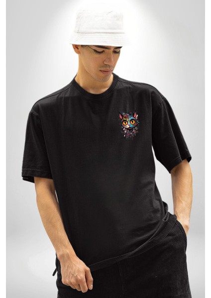 Kulaklık Kedi Müzik Tekir Siyah Oversize Kadın Erkek Ön ve Sırt Baskılı T-Shirt fırsatları
