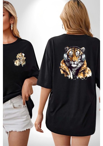 Müzik Dinleyen Kaplan Insan Mont Siyah Oversize Kadın Erkek Ön ve Sırt Baskılı T-Shirt