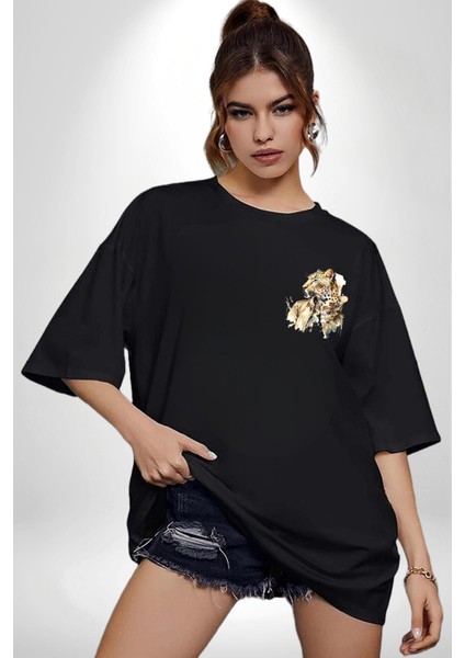Müzik Dinleyen Kaplan Insan Mont Siyah Oversize Kadın Erkek Ön ve Sırt Baskılı T-Shirt fiyatları