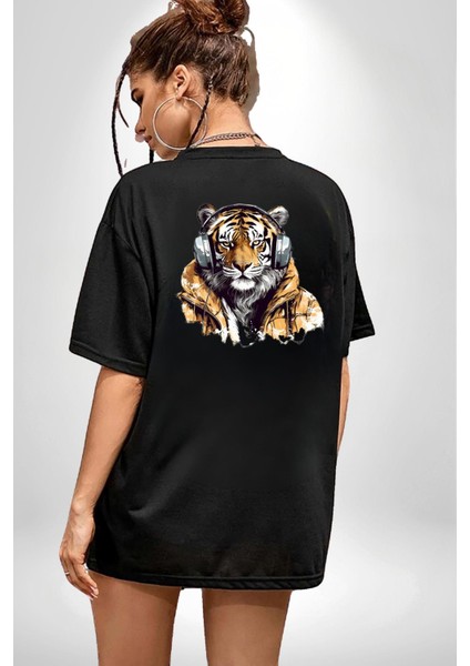 Müzik Dinleyen Kaplan Insan Mont Siyah Oversize Kadın Erkek Ön ve Sırt Baskılı T-Shirt modelleri