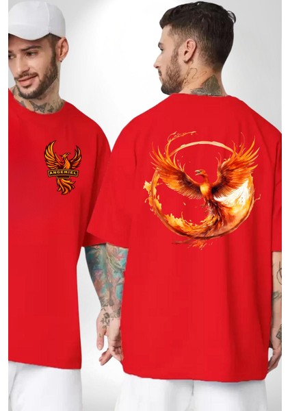 Anka Kuşu Kırmızı Oversize Kadın Erkek Ön ve Sırt Baskılı T-Shirt