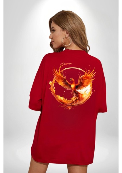 Anka Kuşu Kırmızı Oversize Kadın Erkek Ön ve Sırt Baskılı T-Shirt