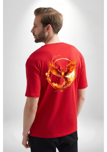 Anka Kuşu Kırmızı Oversize Kadın Erkek Ön ve Sırt Baskılı T-Shirt