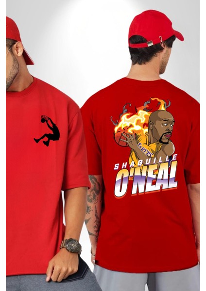 Basketbol Shaquille Oneal Star Ateş Topu Kırmızı Oversize Kadın Erkek Ön ve Sırt Baskılı T-Shirt