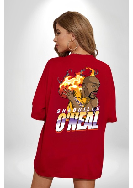 Basketbol Shaquille Oneal Star Ateş Topu Kırmızı Oversize Kadın Erkek Ön ve Sırt Baskılı T-Shirt fırsatları