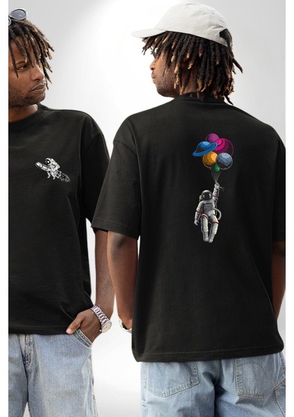 Gezegenler Balon Astronot Yükselişi Siyah Oversize Kadın Erkek Ön ve Sırt Baskılı T-Shirt