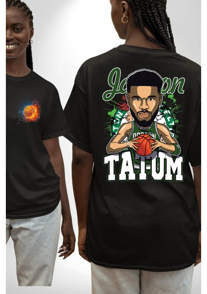Jayson Tatum Animasyon Boston Basketbol Siyah Oversize Kadın Erkek Ön ve Sırt Baskılı T-Shirt