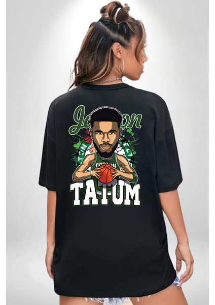 Jayson Tatum Animasyon Boston Basketbol Siyah Oversize Kadın Erkek Ön ve Sırt Baskılı T-Shirt
