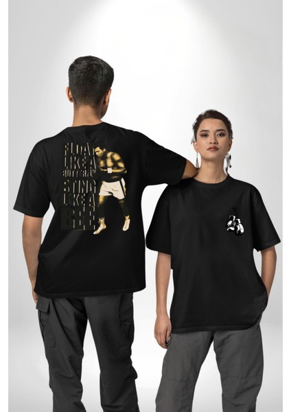 Kelebek Gibi Uçar Arı Gibi Sokarım Ali Boks Siyah Oversize Kadın Erkek Ön ve Sırt Baskılı T-Shirt
