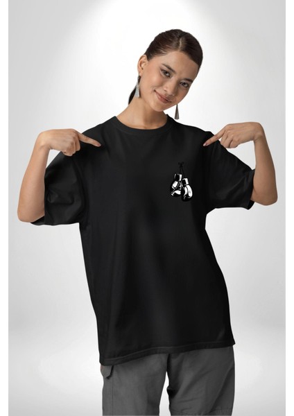 Kelebek Gibi Uçar Arı Gibi Sokarım Ali Boks Siyah Oversize Kadın Erkek Ön ve Sırt Baskılı T-Shirt