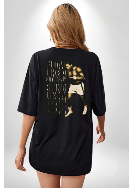 Kelebek Gibi Uçar Arı Gibi Sokarım Ali Boks Siyah Oversize Kadın Erkek Ön ve Sırt Baskılı T-Shirt