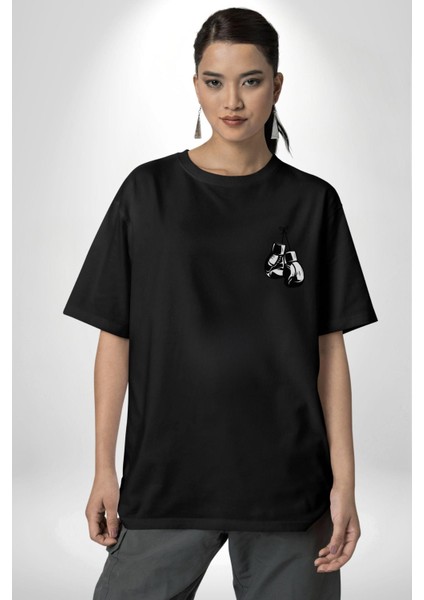 Kelebek Gibi Uçar Arı Gibi Sokarım Ali Boks Siyah Oversize Kadın Erkek Ön ve Sırt Baskılı T-Shirt