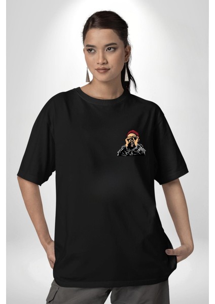 Fantastik Sanatsal Yeni Nesil Kırmızı Bere El Ile Dürbün Siyah Oversize Kadın Erkek Ön ve Sırt Baskılı T-Shirt fırsatları