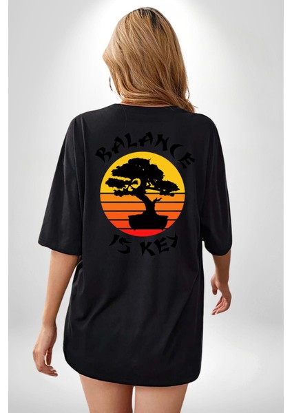 Karete Çocuk Bonsai Siyah Oversize Kadın Erkek Ön ve Sırt Baskılı T-Shirt