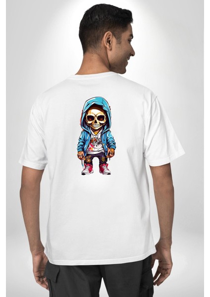 Hiphop Kurukafa Hoodie Beyaz Oversize Kadın Erkek Ön ve Sırt Baskılı T-Shirt fiyatları