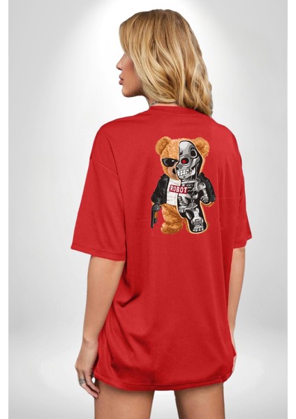 Robot Ayı Güneş Gözlüğü Kırmızı Oversize Kadın Erkek Ön ve Sırt Baskılı T-Shirt fiyatları