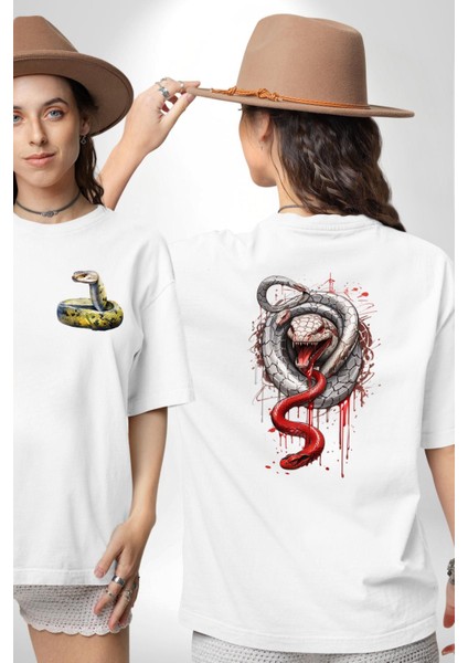 Beyaz ve Kırmızı Yılan Beyaz Oversize Kadın Erkek Ön ve Sırt Baskılı T-Shirt