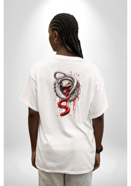 Beyaz ve Kırmızı Yılan Beyaz Oversize Kadın Erkek Ön ve Sırt Baskılı T-Shirt fırsatları