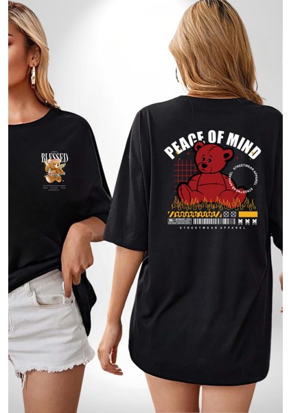 Iç Huzur Siyah Oversize Kadın Erkek Ön ve Sırt Baskılı T-Shirt