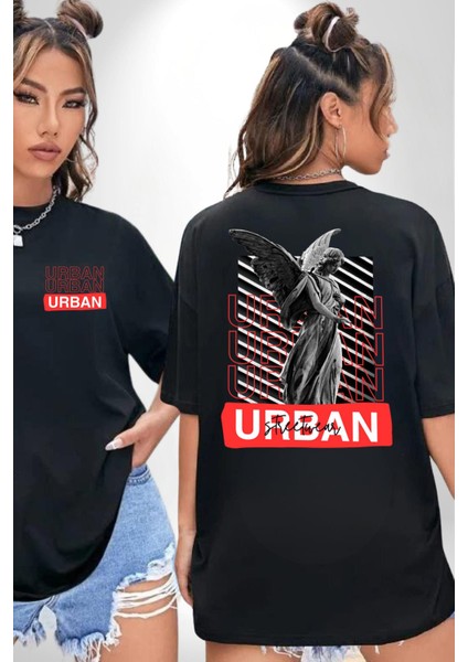 Şehir Sokak Stili Melek Heykeli Siyah Oversize Kadın Erkek Ön ve Sırt Baskılı T-Shirt