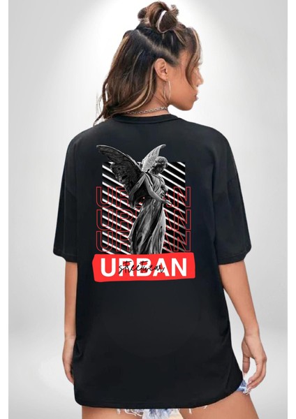 Şehir Sokak Stili Melek Heykeli Siyah Oversize Kadın Erkek Ön ve Sırt Baskılı T-Shirt indirimleri