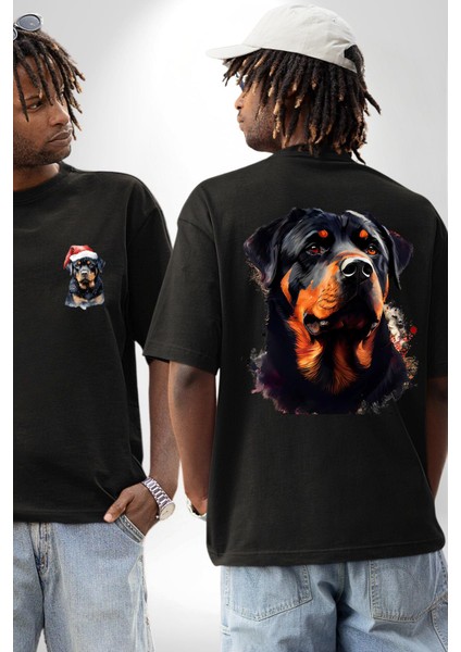 Sulu Boya Rottweiler Siyah Oversize Kadın Erkek Ön ve Sırt Baskılı T-Shirt