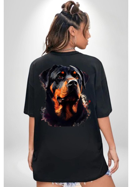 Sulu Boya Rottweiler Siyah Oversize Kadın Erkek Ön ve Sırt Baskılı T-Shirt modelleri