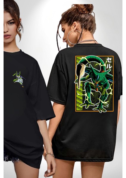Anime Dragonball Cell Siyah Oversize Kadın Erkek Ön ve Sırt Baskılı T-Shirt