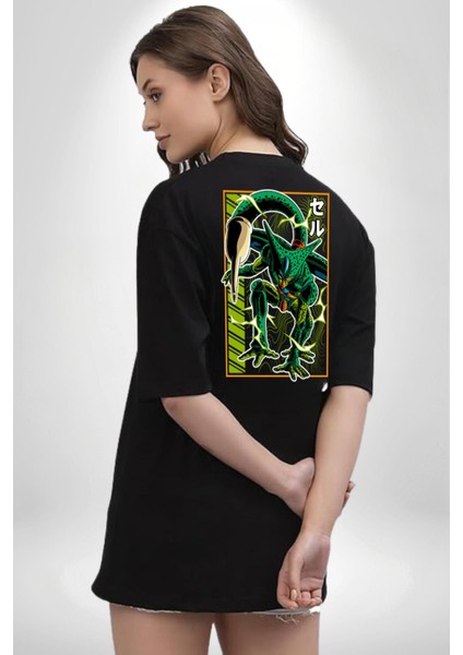 Anime Dragonball Cell Siyah Oversize Kadın Erkek Ön ve Sırt Baskılı T-Shirt
