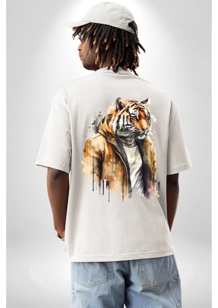 Cool Yakışıklı Kapüşonlu Spor Kaplan Beyaz Oversize Kadın Erkek Ön ve Sırt Baskılı T-Shirt fiyatları
