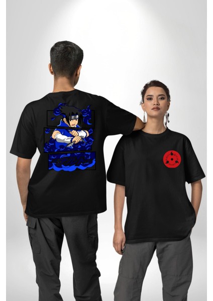 Sasuke Uchiha Anime Siyah Oversize Kadın Erkek Ön ve Sırt Baskılı T-Shirt