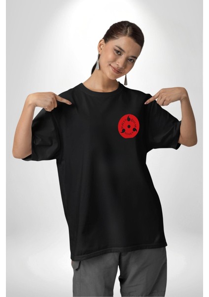 Sasuke Uchiha Anime Siyah Oversize Kadın Erkek Ön ve Sırt Baskılı T-Shirt