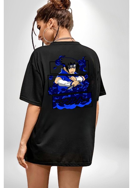 Sasuke Uchiha Anime Siyah Oversize Kadın Erkek Ön ve Sırt Baskılı T-Shirt