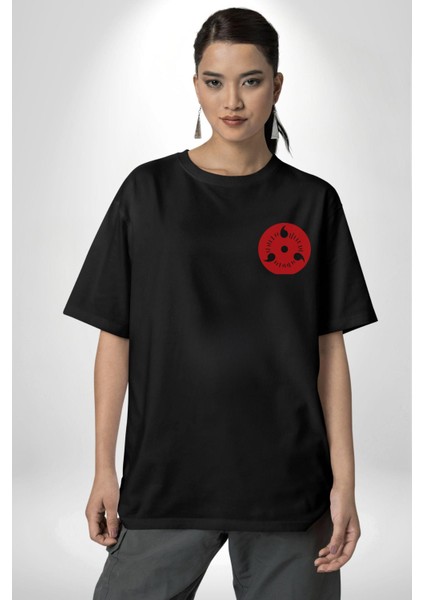 Sasuke Uchiha Anime Siyah Oversize Kadın Erkek Ön ve Sırt Baskılı T-Shirt